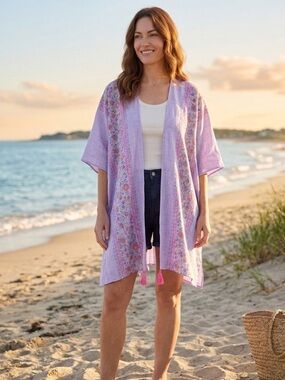 Raj Lilac Floral-Trim Hand Stamped Beach Kimono with Pink Tassels